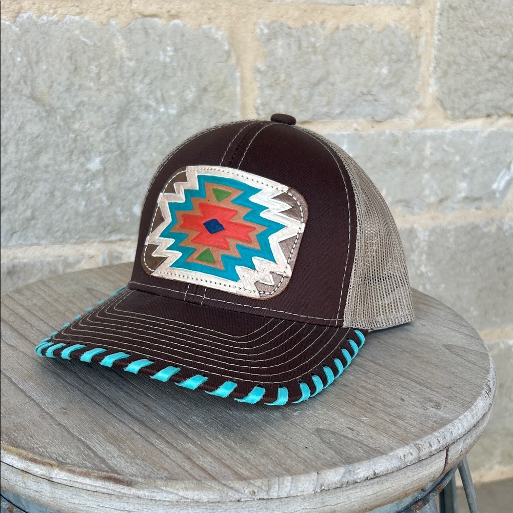 Brown and Turquoise Whip Stitch Hat